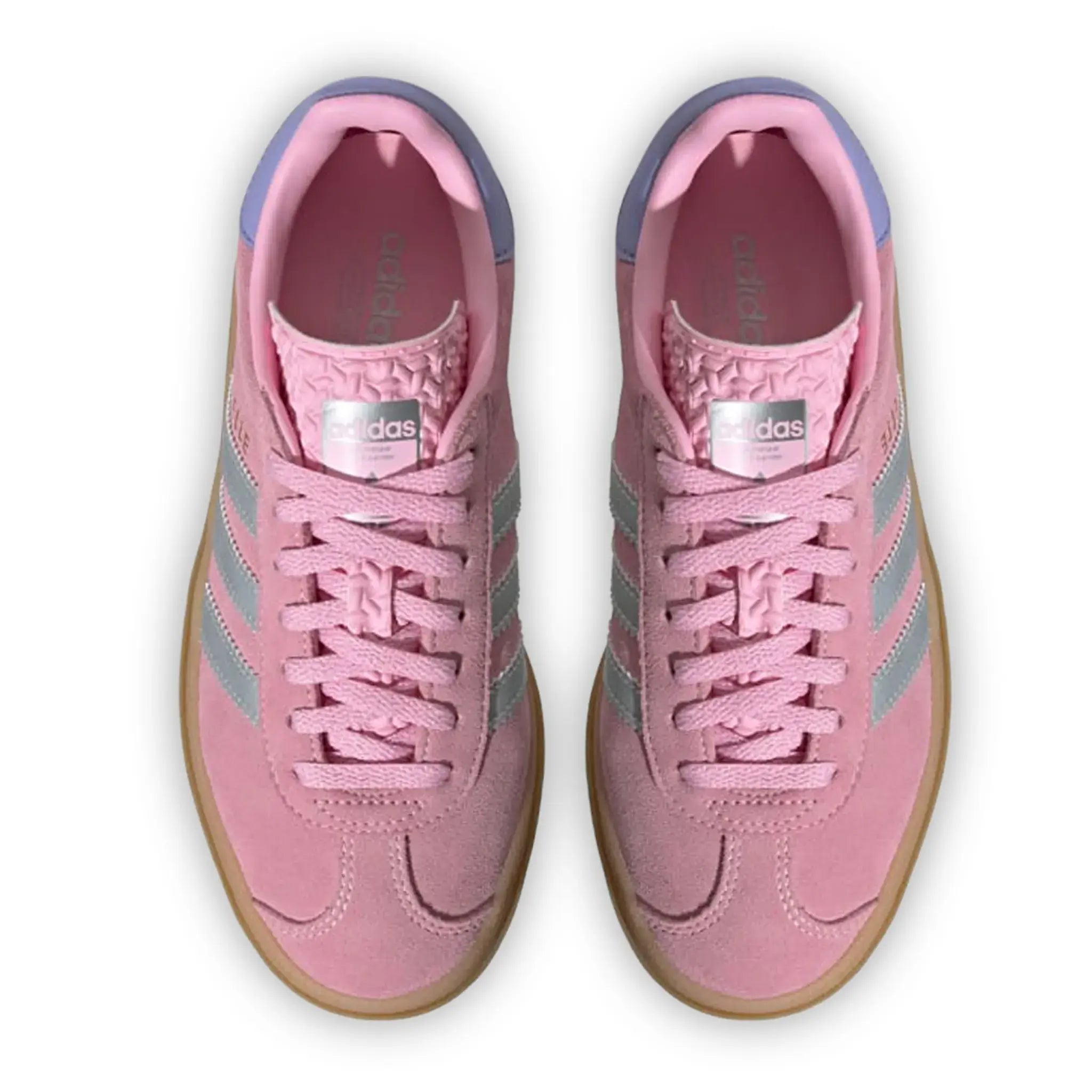 Top side view of Adidas Gazelle Bold Kids True Pink Gum Silver Purple JH5539